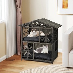 Casa para gatos em vime de 2 andares 69 x 40,5 x 70 cm com almofadas removíveis, teto, janelas e portas com sombra cinza.