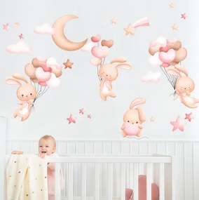 Papel de parede autoadesivo para bebés - Coelhinhos com balões cor-de-rosa