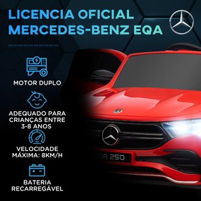 Carro Elétrico para Crianças Mercedes-Benz EQA 12V com Música Buzina Velocidade 3-8 km/h 111,5x69x52,5 cm Vermelho
