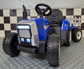 Tractor de bateria para crianças 12 volts, Pneus borracha, banco em pele, com reboque e Comando Azul
