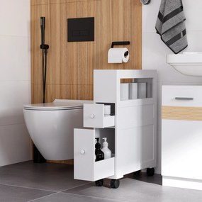 Armário Casa de Banho para Espaços Reduzidos com 4 Rodas Prateleira Aberta e Gavetas 16x52x71,5 cm Branco