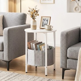 Mesa apoio redonda 44 x 60,5 cm para espaços pequenos de dois níveis com cesto de tecidoEstrutura metálica para sala de estar e quarto cinzenta