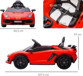 Carro Elétrico Lamborghini para Crianças 12V Velocidade 5km/h Controlo Remoto MP3 e Luzes 107,5x63x42 cm Vermelho