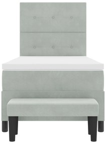 Cama Box Spring com Colchão &amp; Banco Cinza Claro 90x190 cm Veludo