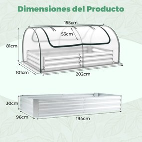 Mini estufa elevada galvanizada para jardim 202 x 101 x 81 cm com cobertura tipo mini-estufa e 2 portas enroláveis para ervas, vegetais e frutas Trans