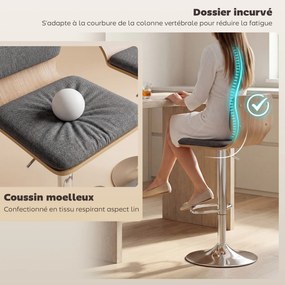 Conjunto de 2 bancos de bar, com altura ajustável, encosto e apoio para os pés, giratórios a 360°, 41 x 47,5 x 81-102 cm, cinzento