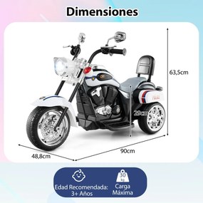 Moto estilo chopper Crianças a bateria 6V 91 x 48 x 64 cm com música, marcha à frente e atrás, experiência de condução realista Branca