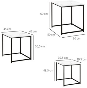 Conjunto de 3 Mesas Auxiliares para Sala de Estar com Efeito Mármore e Estrutura de Aço Estilo Moderno Branco e Preto