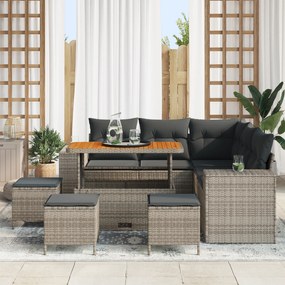 Conjunto de Sofá de Jardim de 9 Peças com Almofadas Cinza Vime Acácia,