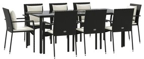 9 pcs conjunto de jantar p/ jardim c/ almofadões vime PE preto