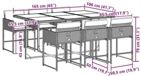 7 pcs conjunto de jantar p/ jardim c/ almofadões vime PE cinza