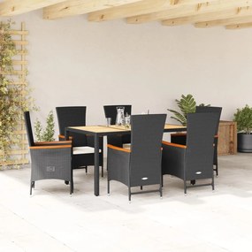 vidaXL 7 pcs conjunto de jantar p/ jardim c/ almofadões vime PE preto