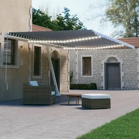 vidaXL Toldo automático LED e sensor de vento 500x300 cm azul e branco