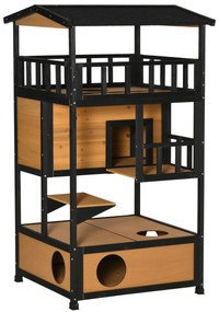 PawHut Casa para Gatos de Madeira 75,5x75x137 cm Abrigo para Gatos com Telhado Asfáltico Plataformas e Ninho Natural