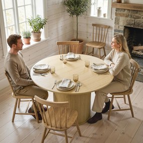 Mesa de jantar redonda para 5 pessoas, Ø 120 x 75 cm (CADEIRAS NÃO INCLUIDAS), mesa de cozinha com base cilíndrica canelada, madeira natural