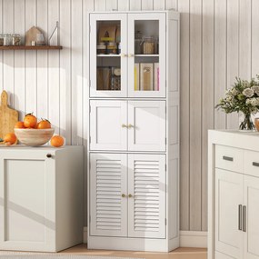 Armário de Casa de Banho Alto com Portas de Vidro Portas de Ripas e Prateleiras Ajustáveis 60x30x170 cm Branco