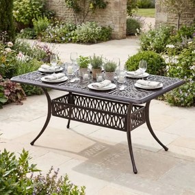 Mesa de jardim de exterior retangular 151 x 91 x 73 cm em alumínio fundido com orifício para guarda-sol de 5 cm, estilo vintage