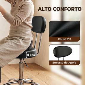 Banco com Rodas Giratório em Couro Sintético com Encosto e Altura Ajustável para Spa, Escritório e Tatuagens Preto