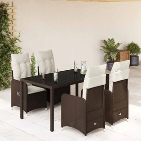 vidaXL 5 pcs conjunto bistrô p/ jardim c/ almofadões vime PE castanho