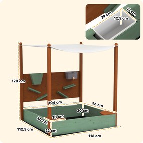 Caixa de Areia para Crianças de Madeira com Teto 2 Assentos 2 Caixas Torneira Funil 116x112,5x128 cm Verde