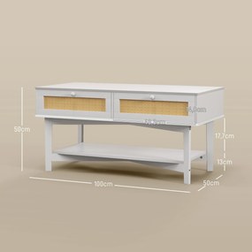 Mesa de Centro com 2 Gavetas Decorativas de Vime e Prateleira Inferior para Sala de Estar Escritório 100x50x50 cm Branco