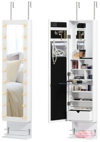 HOMCOM Espelho com Móvel de Bijuterias de Parede ou Porta Armário Guarda Jóias com 18 Luzes LED Altura Ajustável e Prateleira Aberta Organizador de Jóias 31,7x13,4x130cm Branco