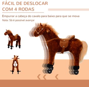 Cavalo de Brinquedo para Crianças de +3 Anos com Rodas Sons e Estrutura de Metal Carga 60kg 65x28x75 cm Castanho