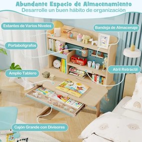 Secretária infantil 100 x 60 x 111-135 cm com estante e gaveta em altura com superfície inclinável Prateleiras Atril e porta-lápis azul