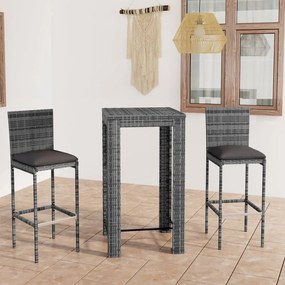 3 pcs conjunto de bar exterior com almofadões vime PE cinzento