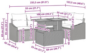 Conjunto de Jantar de Jardim com 6 Peças e Almofadas Cinza Rattan Acác