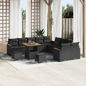 Conjunto de Sofá de Jardim vidaXL 13 Peças com Almofadas Preto Rattan PE Acácia