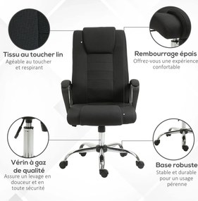 Cadeira de escritório com rodas, cadeira de direção ergonómica giratória com altura ajustável, linho preto