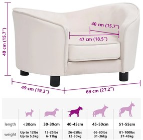 Sofá para cães 69x49x40 cm pelúcia e couro artificial cor creme