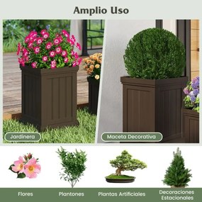 Conjunto de 2 vasos quadrados para flores de plástico com orifícios de drenagem e design empilhável para varanda, jardim Castanho
