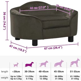 Sofá para cães 67x47x36 cm pelúcia cinzento-escuro