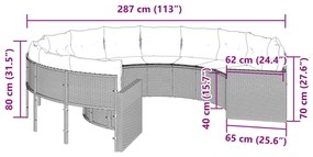 Sofá de jardim com almofadões redondo vime PE cinzento