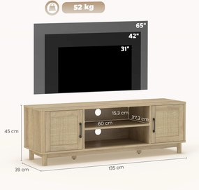 Móvel de TV 135 x 39 x 45 cm, móvel para televisores até 65 polegadas com 2 portas em rattan, 2 compartimentos abertos, cor carvalho
