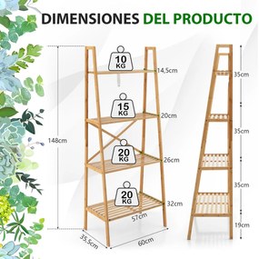Estante de bambu para escadaria 4 níveis Suporte para plantas Anti-ponta para sala de estar e escritório 60 x 35,5 x 148 cm Natural