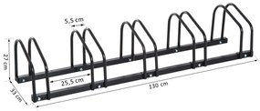 HOMCOM Estacionamento para 5 Bicicletas Suporte de Aço para Estacionar Bicicletas no chão para Interior e Exterior 130x33x27cm Preto