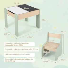 Conjunto de mesa para crianças e 2 cadeiras Mesa de actividades de madeira 4 em 1 para arte, desenho e leitura Quadro negro amovível Verde