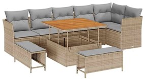 Sofá para o Jardim com 9 Peças e Almofadas Bege em Rattan Sintético e
