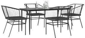 Conjunto de jantar jardim 5 peças almofadas vidro vime PE preto