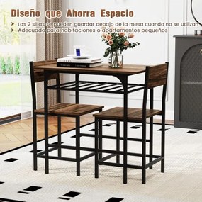 Conjunto de mesa de jantar com 2 cadeiras com prateleira aberta, estrutura metálica castanho
