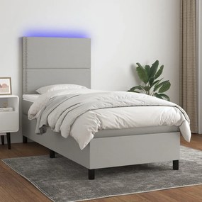 Cama box spring c/ colchão e LED 90x190 cm tecido cinza-claro