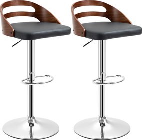Conjunto de 2 bancos de bar, assento ajustável em altura, giratórios a 360°, revestimento sintético preto, encosto perfurado com efeito de madeira