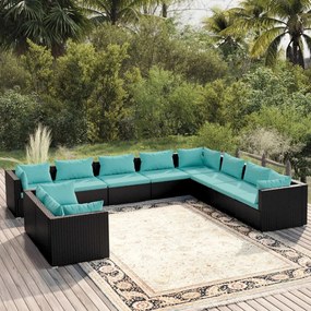 vidaXL 10 pcs conjunto lounge de jardim c/ almofadões vime PE preto