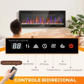 Lareira Elétrica Ultrafina de Parede e Embutir com Chama 3D Brilho/Velocidade Ajustável 12 Cores Pedras 900/1800W 127x9,4x47 cm Preto