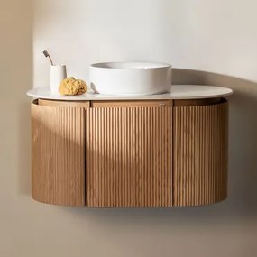 Conjunto De Móvel De Casa De Banho Suspenso 90x50 Cm Em Madeira Carsone Madeira Natural & Sem Unidade Auxiliar & Cerâmica Redonda Branca - Sklum