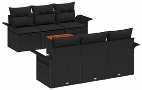 Conjunto de Sofá Jardim 7 Peças com Almofadas Pretas, Rattan Poliéster
