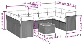 10 pcs conjunto sofás de jardim c/ almofadões vime PE preto